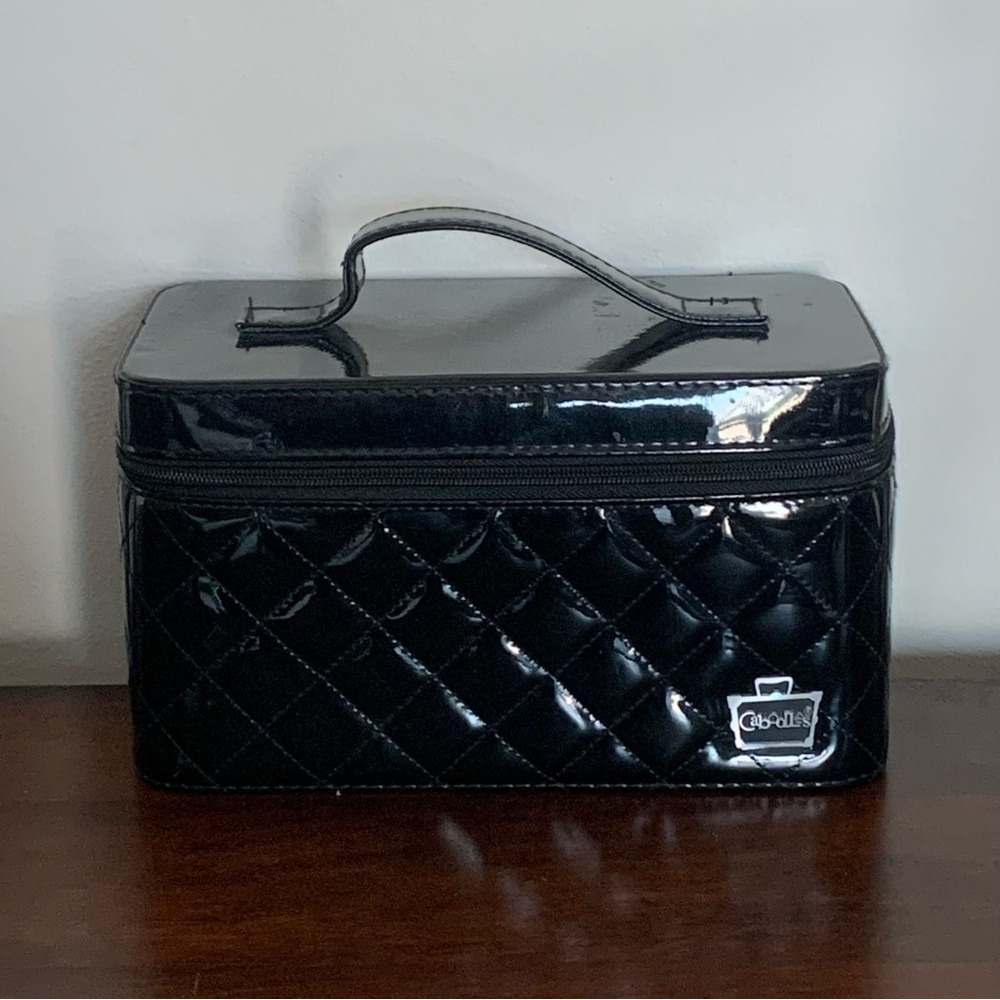 Caboodles black shiny vinyl quilted travel makeup storage case